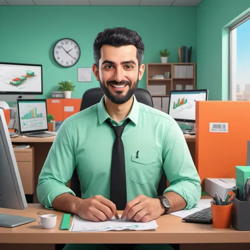 Prompt: Cartoon-style illustration of a logistic  man working, vibrant and lively colors, mint green, cozy office setting, detailed facial expressions,  3d animation, professional attire, modern technology, tehran, cheerful and upbeat atmosphere, high quality, detailed, cartoon, vibrant colors, cozy setting, professional, modern technology, detailed expressions, cheerful atmosphere, black hair