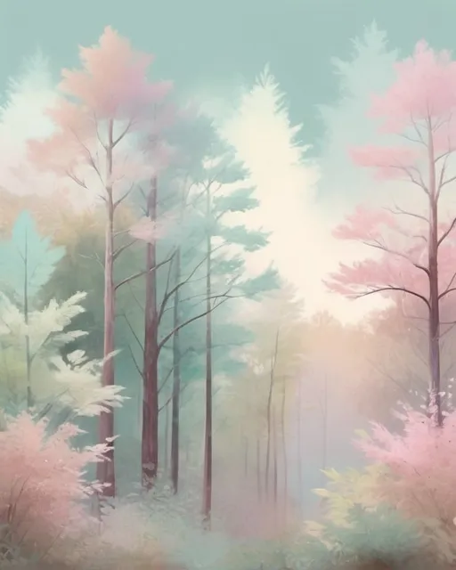 Prompt: Pastel-colored digital painting of a serene forest, soft color palette, dreamy atmosphere, high quality, detailed foliage, peaceful and calming, soft brush strokes, pastel, digital painting, serene, dreamy, peaceful, calming, high quality, detailed foliage, atmospheric lighting