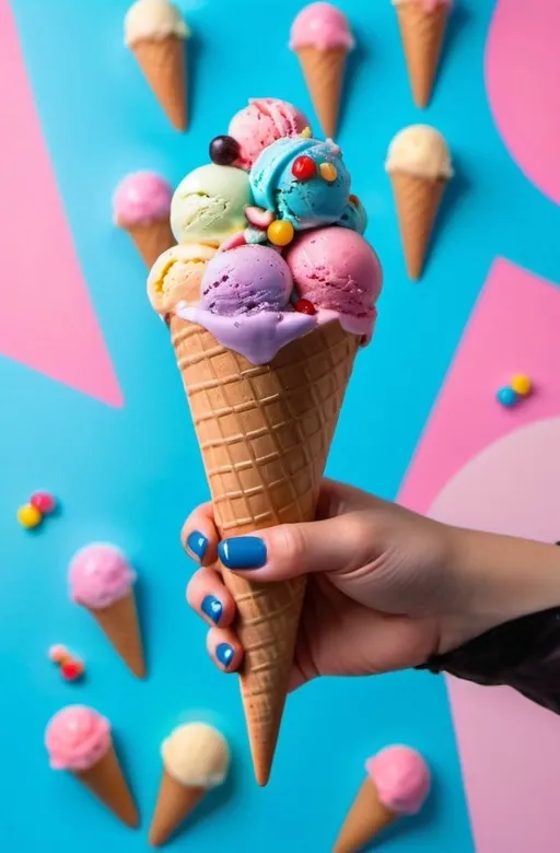 Prompt: a hand with black nail polish,  holding a cone with 3 scoops of ice cream with colorful toppings on it's top , blue and pink color scheme. Centered, you can see the whole ice cream in the image