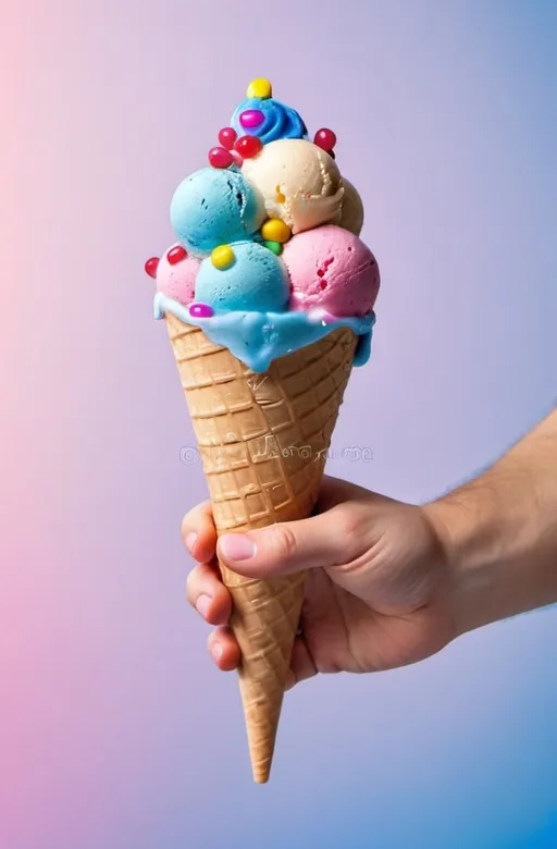 Prompt: a hand holding a cone of ice cream with colorful toppings on it's top and bottom of it, verbalism, blue and pink color scheme, a stock photo