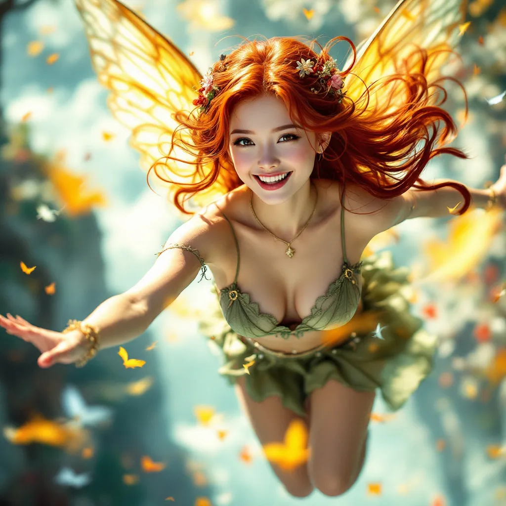 Prompt: beautiful, redhead, asian, fairy, flying, fun