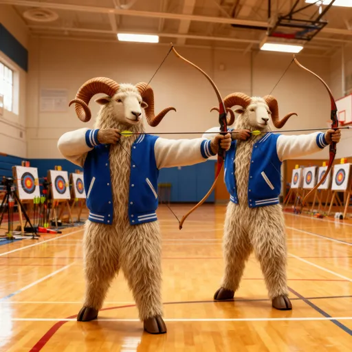 Prompt: create a realistic looking image of longhorn ram sheep wearing blue varsity jackets and playing in an indoor gym archery competition