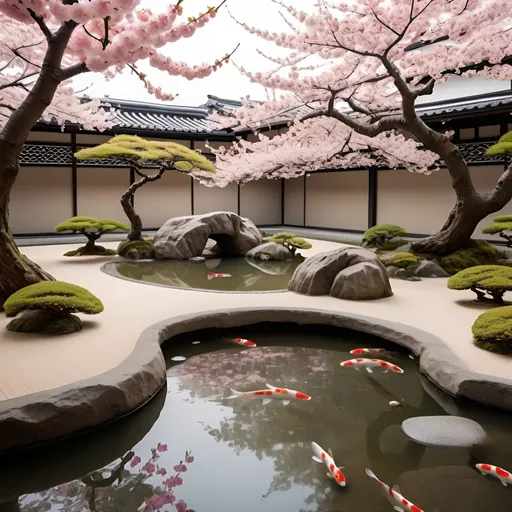 Prompt: Zen garden with celestial elements, serene and tranquil atmosphere, traditional Japanese art style, vibrant greenery, peaceful koi pond, gentle ripples, cherry blossom tree in bloom, calming meditation space, minimalistic design, high quality, traditional Japanese art, serene atmosphere, vibrant greenery, peaceful pond, cherry blossom tree, minimalistic design, detailed nature, tranquil lighting