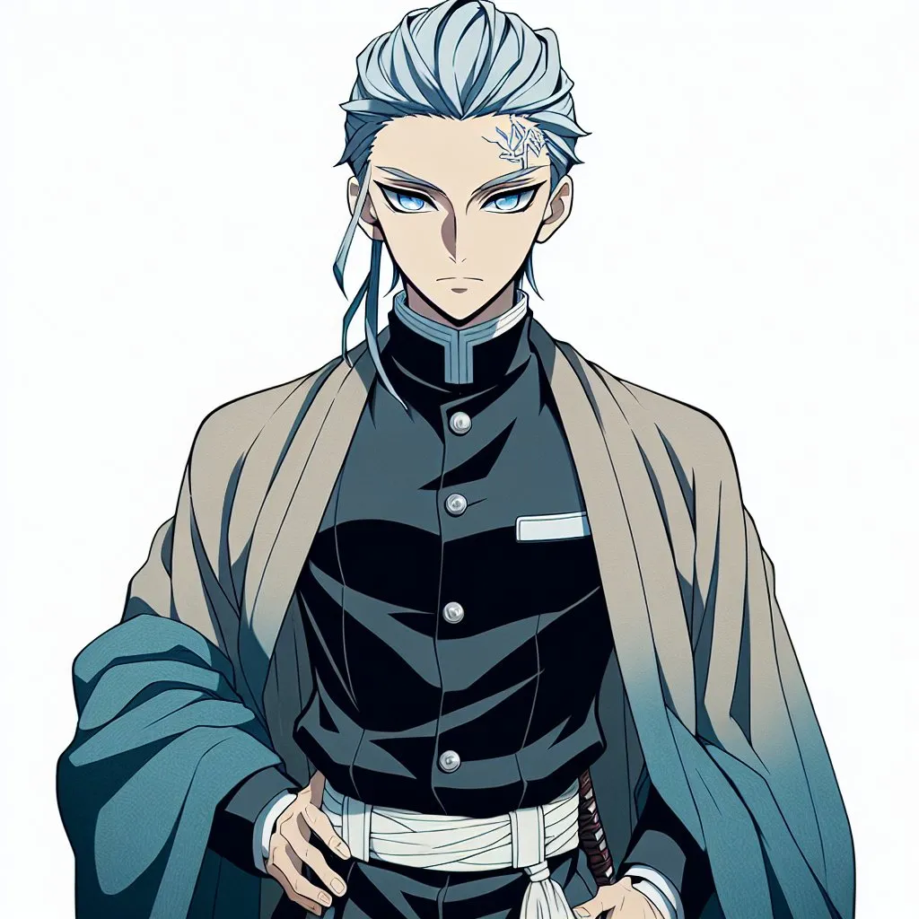 Prompt: Demon slayer, Winter hashira man demon slayer character with light blue slick back short hair, dark blue eyes, cropped uniform, not wearing Haori, combining western style outfit, western long jacket, demon slayer art style , detailed character design, anime