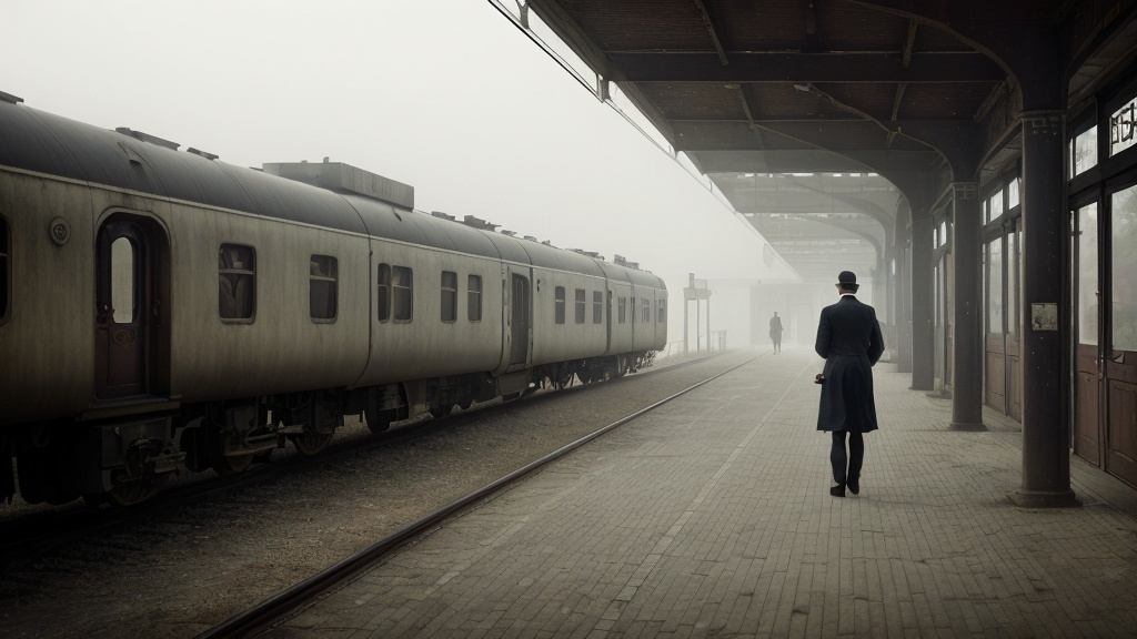 Prompt: stationmaster in a old  empty misty train station walking on platform looking a pocket watch