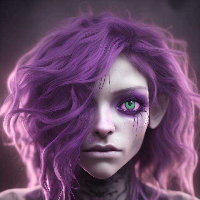Prompt: female human. purple hair and eyes. looks into mirror. long wavy hair. realistic. dark vibe. 8k. detailled. looks scared. changed from human to alien.