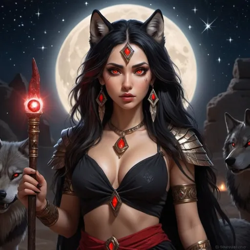 Prompt: woman black hair, red eyes, wolf appreance wearing a sorcerer outfit. wand. magic. starry night, egyptian vibe, runes, staff with magical light, nice curves, realistic, big eyes, ruff look, she looks fierce, scar at eye
