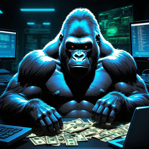Prompt: (anime gorilla managing PayPal bitcoin transactions) (dark color scheme) (in front of a computer) (money bills surrounding) (ultra-detailed) (high quality), intense atmosphere, dim lighting with neon glows, shadowy background, dramatic shading, stylized anime features, precise linework, high contrast, cyberpunk elements, dark hues dominant, intricate details, enigmatic mood, realistic texture rendering, vibrant highlights on currency notes, captivating composition, 4K resolution
