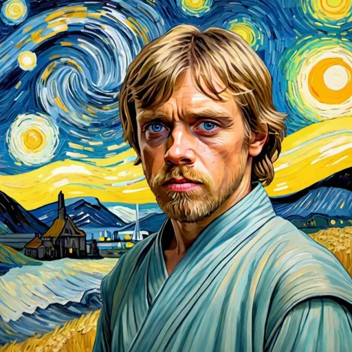 Prompt: make a luke skywalker tired of being a jedi, all if van gogh look a like paint