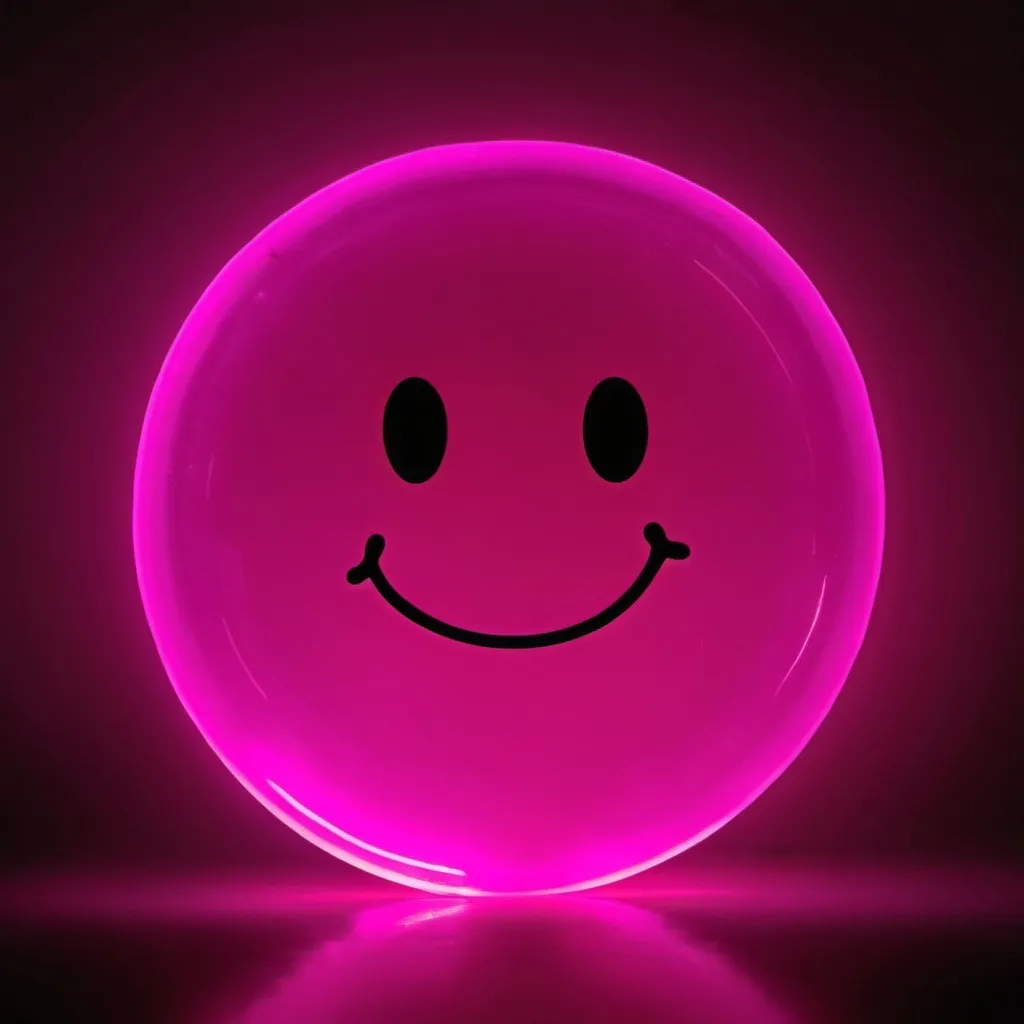 Prompt: a neon pink blobby stick figure, round, translucent, smiley face, 