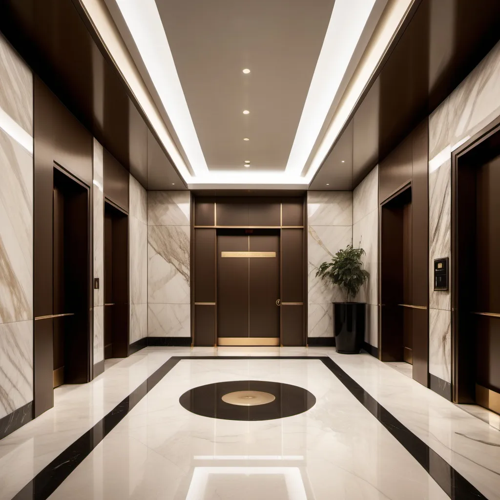 Prompt: a lobby with marble floors and walls  David Chipperfield, art deco, , a real rendering brown shadow color sleak brown elevator door 