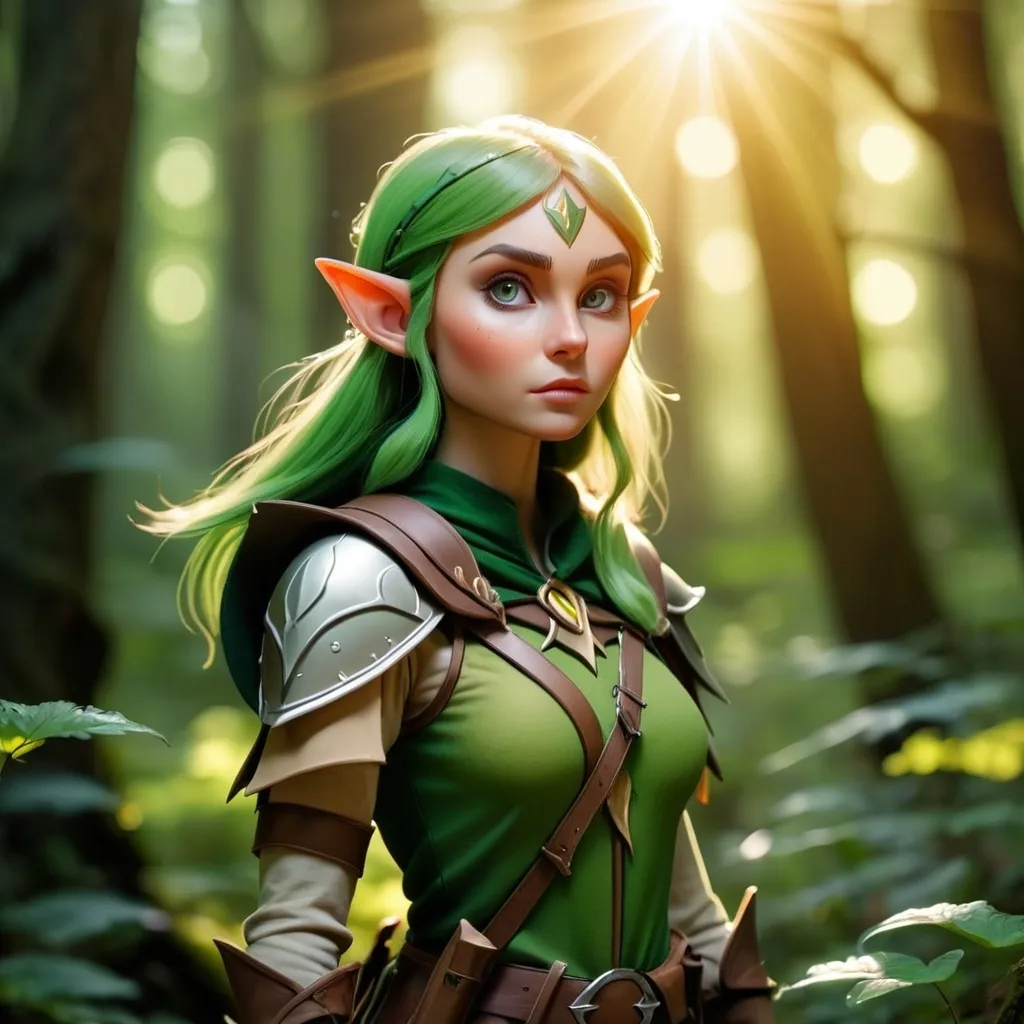 Prompt: Elf ranger in a mystical forest around sunlight