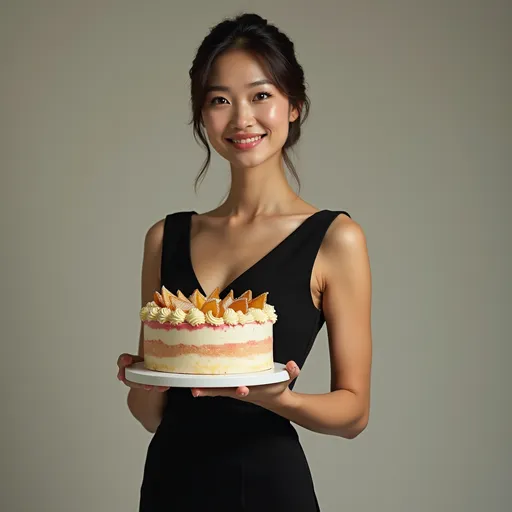 Prompt: A slender woman in professional dress is presenting a cake with graceful demeanor