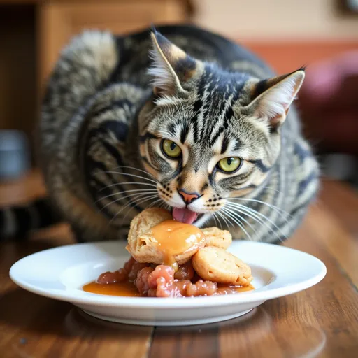 Prompt: cat  steeling food from plate 
