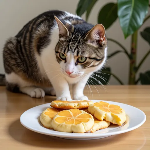 Prompt: cat  steeling food from plate 