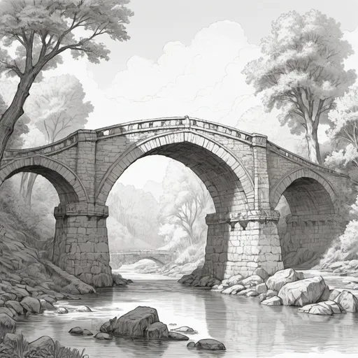 Prompt: Line Art, D&D style, scene of Brandywine Bridge, arched bridge, low fantasy style, the ancient bridge of Stonebows, which crossed the ver wide Baranduin River, (golden-brown River), only crossing point of the river