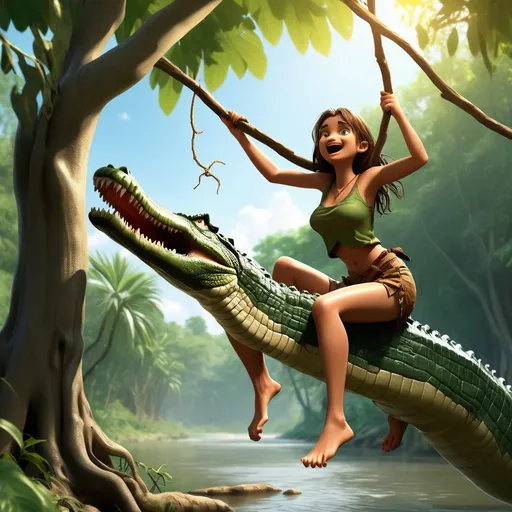 Prompt: a pretty jungle girl hangs over a river from a tree branch which is cracking. In the river a hungry crocodile is waiting below the jungle girl with his jaws wide open. sunny day.