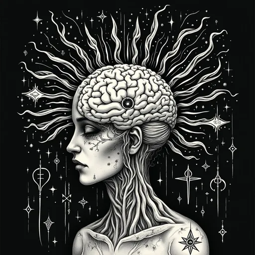 Prompt: (2D drawing) a metaphysical representation of a person with a detailed brain, surrounded by intriguing occult symbols and glyphs, set against a striking black background with a contrasting white outline, inspired by (Art Spiegelman) style, evoking deep thought and mystery, ideal for a compelling poster art, atmosphere of intrigue and darkness, (highly detailed).