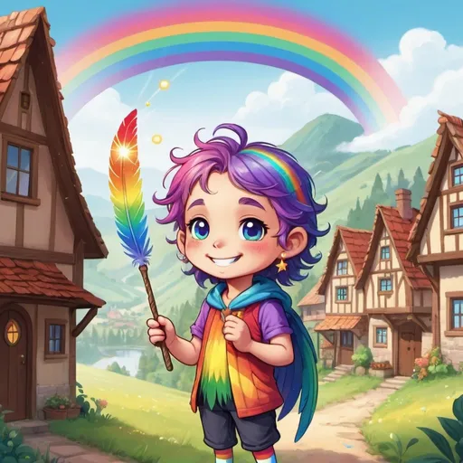 Prompt: Prompt:
a character in rainbow sprite, with rainbow feather, holding a magic wand, always smile and rainbow eyes, with a peaceful village background