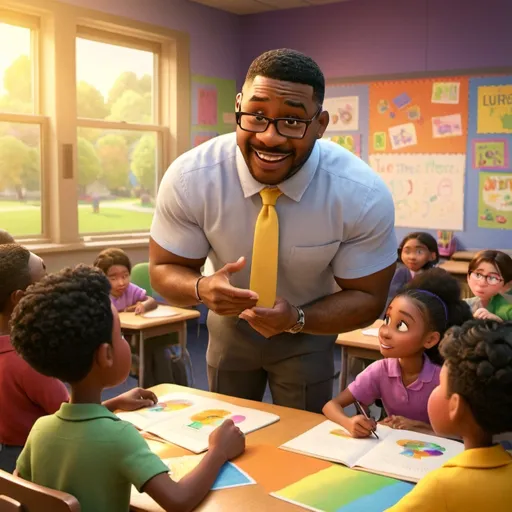 Prompt: a black male teacher in the classroom teaching kids to read and having fun.