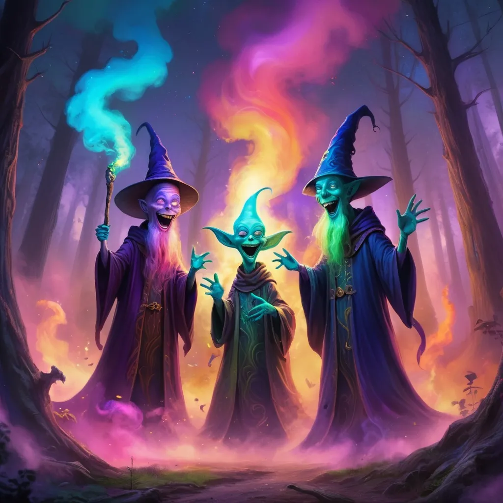 Prompt: An alien and a wizard Laughing together in an ominous forrest with swirls of colored smoke in the night sky.