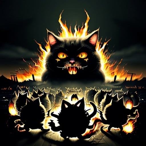 Prompt: Angry mob battling Donald Trump in Cat Island Japan, torches, pitchforks, chaos, intense anger, surreal, high quality, digital painting, dark, dramatic lighting, menacing atmosphere, chaotic scene, surreal, chaotic, intense anger, menacing atmosphere, dramatic lighting, dark, digital painting, intense, angry mob, torches, pitchforks, battle, Donald Trump, Cat Island Japan