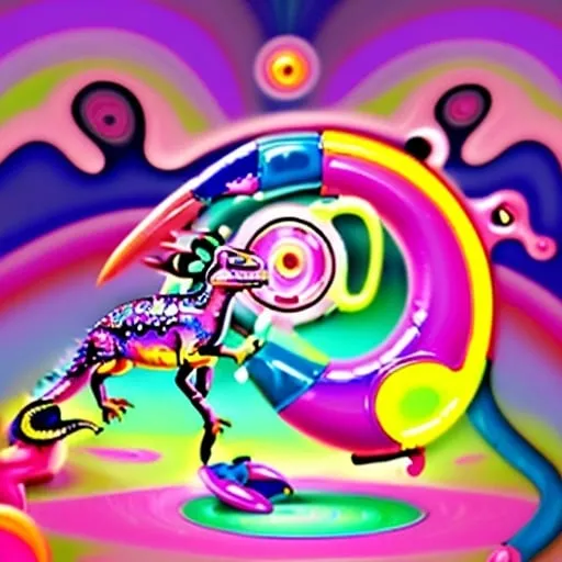 Prompt: Psychedelic illustration of a playful pink dinosaur, vibrant pink and neon colors, surreal abstract background, bop it game in hand with psychedelic patterns, whimsical and dreamy atmosphere, high quality, vibrant, psychedelic, abstract, playful, surreal, whimsical, dreamy, neon colors, dinosaur, bop it game, vibrant pink, surreal background, artistic medium, abstract art, bop it game in hand