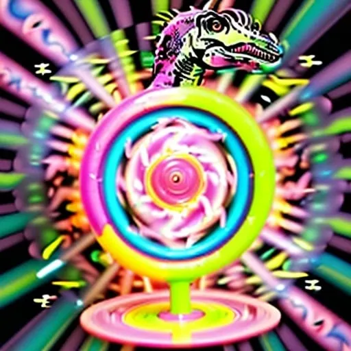 Prompt: Psychedelic illustration of a playful pink dinosaur, vibrant pink and neon colors, surreal abstract background, bop it game in hand with psychedelic patterns, whimsical and dreamy atmosphere, high quality, vibrant, psychedelic, abstract, playful, surreal, whimsical, dreamy, neon colors, dinosaur, bop it game, vibrant pink, surreal background, artistic medium, abstract art, bop it game in hand