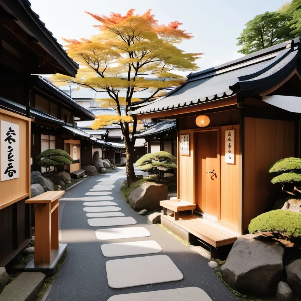 Prompt: Onsen place with a walkable route and clear signs maps that lead tourists to destination. add small relaxation areas beside it, like small park or multilingual cultrual center. Be a unique, Instagrammable experience that draws more tourists.