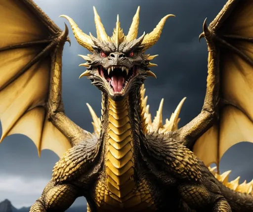 Prompt: Imagine Ghidorah, towering above the landscape but slightly smaller than the imposing figure of Godzilla, his massive form still exuding a terrifying presence. Adorned with shimmering golden scales that seem to reflect the light of distant stars, Ghidorah's body is serpentine and sinuous, with three heads snaking out from his colossal frame. Each head bears a mouth filled with razor-sharp teeth, and his eyes gleam with an otherworldly intelligence, glowing with a malevolent light.

Ghidorah's wings stretch out like vast, ethereal membranes, crackling with energy as they unfurl to their full span. Inspired by concept art from Godzilla: King of the Monsters, Ghidorah's wings may exhibit intricate patterns or textures, adding to his otherworldly appearance. Lightning crackles between his heads, forming a deadly halo of electricity that dances across his golden scales.

Despite being slightly smaller than Godzilla, Ghidorah's presence is no less imposing. With each movement, he leaves a trail of destruction in his wake, his mere presence sowing chaos and despair wherever he goes. In your fan film, Ghidorah is not just a monster; he is a cosmic force of destruction, an ancient terror 