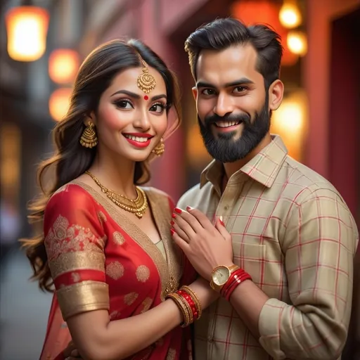 Prompt: Radiating warmth and joy, a couple stands closely together against a slightly blurred backdrop of a dimly lit urban setting. The man, with a thick beard and a colorful checked shirt, sports a red tika on his forehead, symbolizing celebration or a festive occasion. Beside him, the woman exudes elegance in a shimmering gold and beige traditional outfit adorned with intricate patterns, complemented by striking red bangles that contrast beautifully with her manicured red nails. Their expressions convey happiness and connection, while the soft lighting accentuates their intimate moment amidst the muted tones of the surrounding architecture, suggesting an evening gathering or celebration full of life and togetherness.
