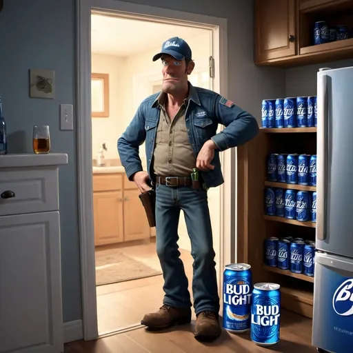 Prompt: animation of a country man very drunk stood up leaning against the door of his open refridgerator full of cans of bud light in his kitchen with a gun in his hand
