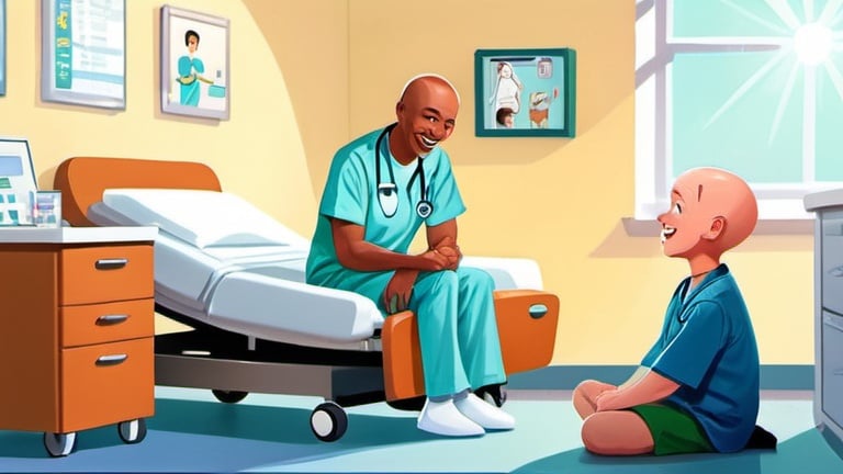 Prompt: Cartoon-style illustration of a cheerful hospital room, doctor sitting on the floor with his leg crossed explaining to a sick bald child his condition, happy atmosphere, vibrant colors, detailed characters, professional, highres, cartoon, cheerful atmosphere, doctor, sick child, vibrant colors, detailed illustration, professional, happy lighting