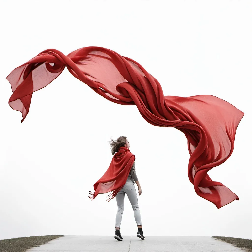 Prompt: red scarf drawing flying outdoors on a white background, without image of a person