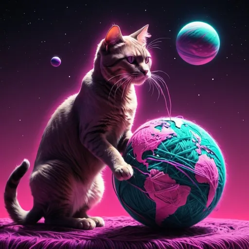 Prompt: a giant retro synthwave cat playing with a planet like it was a ball of yarn