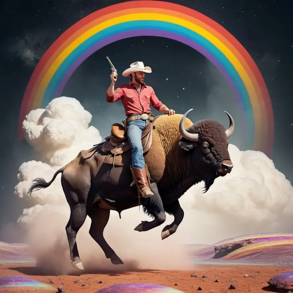 Prompt: a cowboy riding a buffalo on a rainbow on a moon of jupiter