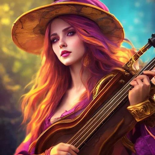 Prompt: Female pretty Bard. Hi res. Photo realistic. Big hat, colourful clothing. Lute.