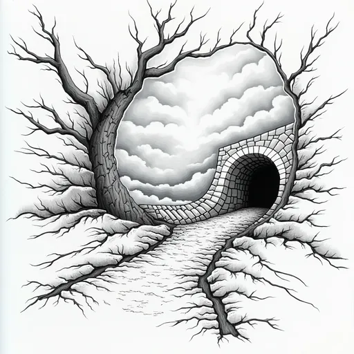 Prompt: Cracks, A broken clock, stormy sky and a tunnel maybe in  black and white  easy line sketch 
