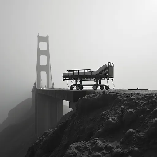 Prompt: a hospital bed on a hill or bridge and something symbolizing trauma in black and white 