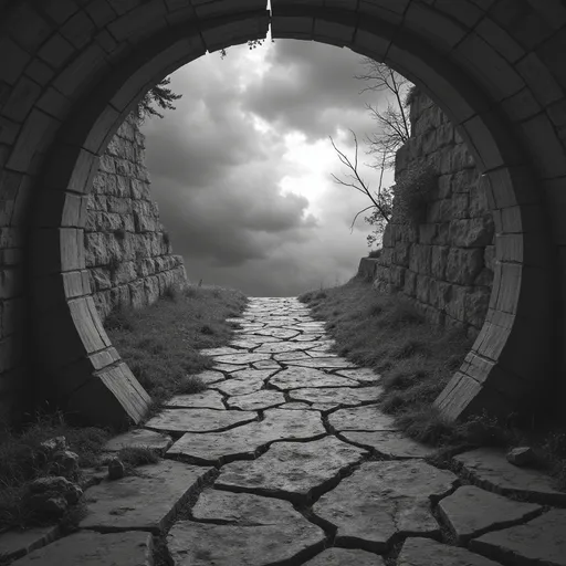 Prompt: Cracks, A broken clock, stormy sky and a tunnel maybe in  black and white  
