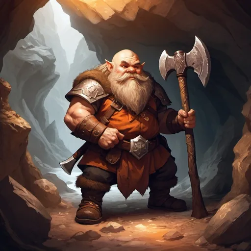 Prompt: dwarf character holding an axe in a mountain cave, fantasy character art, illustration, dnd, warm tone