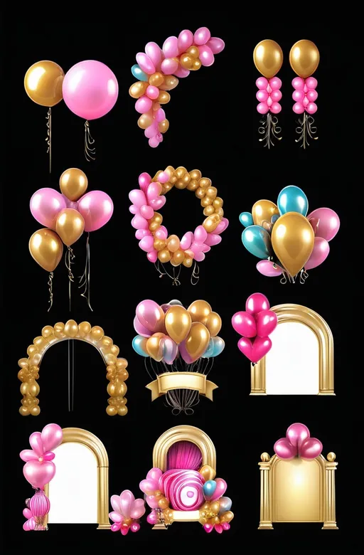 Prompt: Quiero generar imágenes de varios sets de decoraciones con globos, parecidas a la referencia que te proporciono. Los sets deben incluir arcos, columnas, guirnaldas, y paredes decorativas hechas con globos. Los globos deben tener tonos metálicos como dorado, junto con colores vibrantes como fucsia y verde. Las composiciones deben variar en tamaños y formas, incluyendo arcos grandes, decoraciones de mesa, y elementos personalizados con letras de 'Feliz Cumpleaños'. Los estilos deben ser elegantes pero modernos, ideales para eventos como cumpleaños o celebraciones. Incluir detalles adicionales como flores o pequeños adornos en tonos metálicos para complementar los globos.