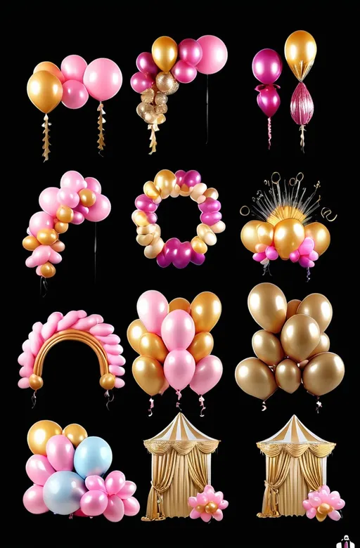 Prompt: Quiero generar imágenes de varios sets de decoraciones con globos, parecidas a la referencia que te proporciono. Los sets deben incluir arcos, columnas, guirnaldas, y paredes decorativas hechas con globos. Los globos deben tener tonos metálicos como dorado, junto con colores vibrantes como fucsia y verde. Las composiciones deben variar en tamaños y formas, incluyendo arcos grandes, decoraciones de mesa, y elementos personalizados con letras de 'Feliz Cumpleaños'. Los estilos deben ser elegantes pero modernos, ideales para eventos como cumpleaños o celebraciones. Incluir detalles adicionales como flores o pequeños adornos en tonos metálicos para complementar los globos.