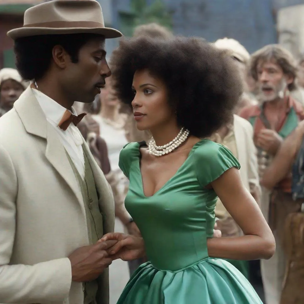 Prompt: a live action love scene with an Afro-Caribbean American actress wearing a sweetheart neckline peplum dress her neck adorned with a three strand pearl necklace and Italian actor wearing a greenish-blue outfit on the film set.