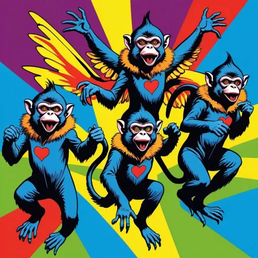 Prompt: Vibrant pop art illustration of 5 flying monkeys, bold and colorful, comic book style, dramatic and dynamic poses, retro pop art, primary colors, high quality, detailed fur and features, energetic and playful, comic book, 1960s style, bold outlines, vivid colors, dynamic movement, professional illustration