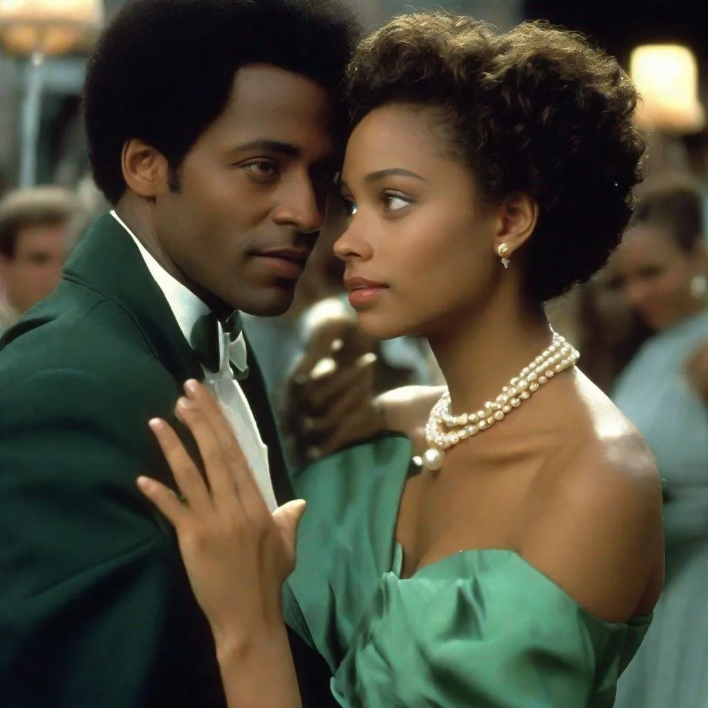 Prompt: a live action love scene the actor and actress not touching longing to near each other, an Afro-Caribbean American actress wearing a sweetheart neckline peplum dress her neck adorned with a three strand pearl necklace, and Italian actor wearing a greenish-blue outfit on the early 1990's film set.