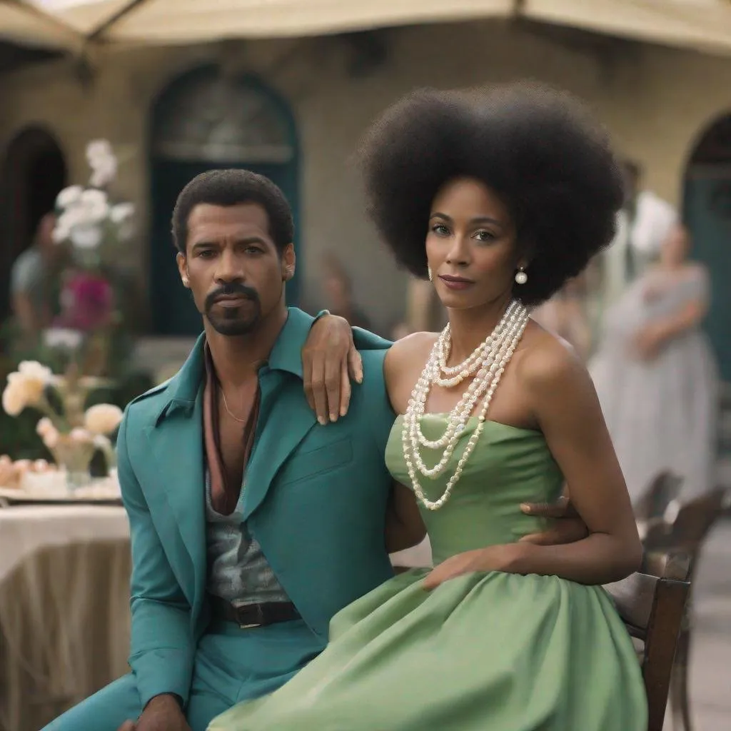 Prompt: a live action love scene with an Afro-Caribbean American actress wearing a sweetheart neckline peplum dress her neck adorned with a three strand pearl necklace and Italian actor wearing a greenish-blue outfit on the film set.