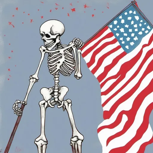 Prompt: A skeletal man standing in front of a American flag begging for food