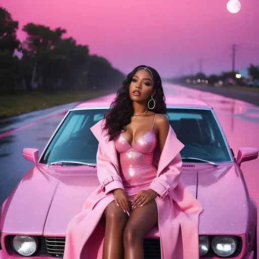 Prompt: an glamour 20 years old black brown skin lady in the hood dreamy theme dreamy art pink aesthetic all pink pink long coat long nails wig outdoors pink sky pink raining pink glittery moon in the sky raining glitter dark sky baddie sittin in car pink dress car with water wet hair glowing pink water