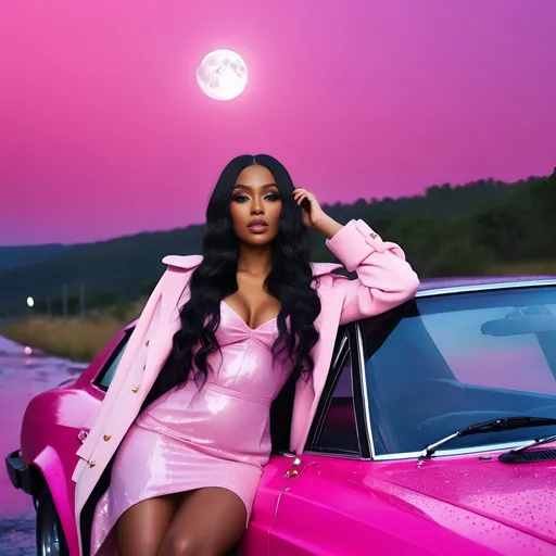 Prompt: an glamour 20 years old black brown skin lady in the hood dreamy theme dreamy art pink aesthetic all pink pink long coat long nails wig outdoors pink sky pink raining pink glittery moon in the sky raining glitter dark sky baddie sittin in car pink dress car with water wet hair glowing pink water